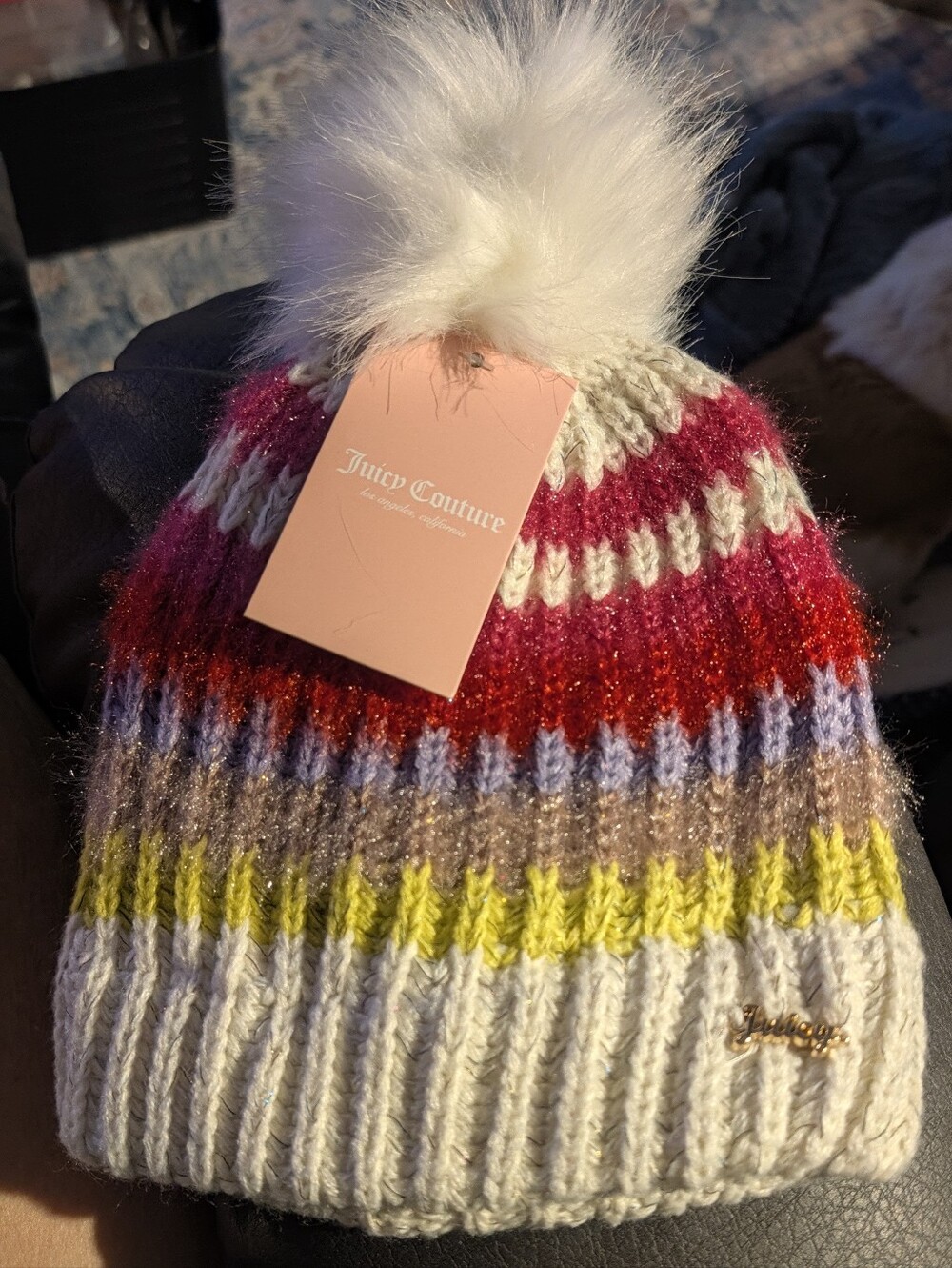 Juicy Couture Kids Striped Knit Beanie with White Faux-Fur Pom